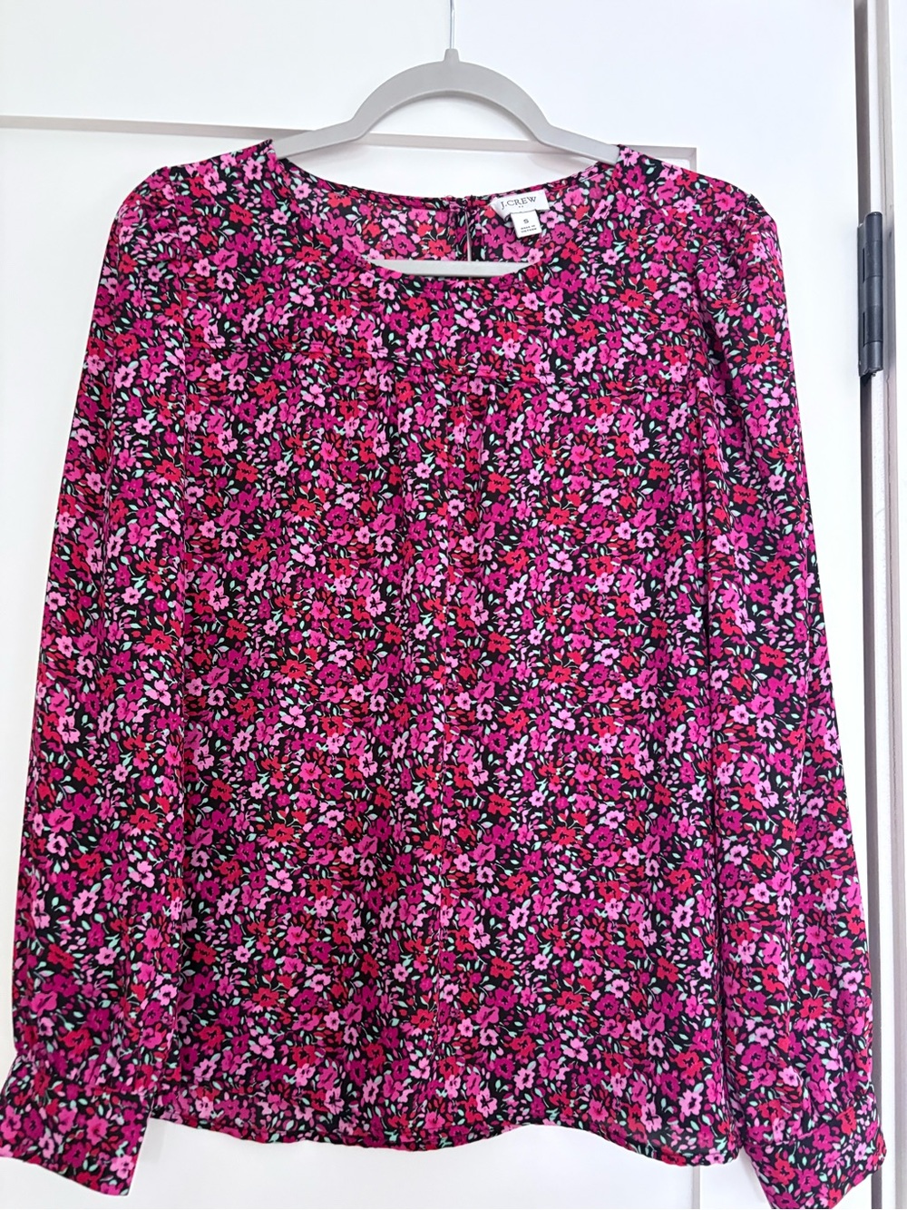 J. Crew Bright Pink Floral Buttonless Long-Sleeve Blouse